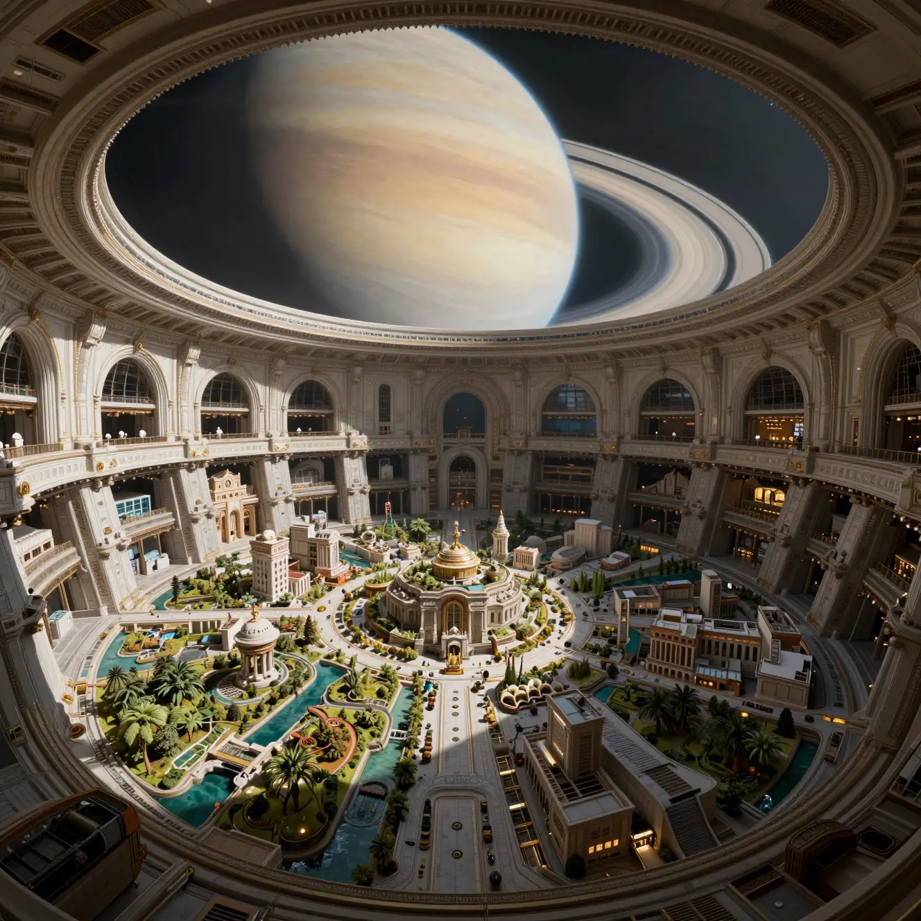 Panoramic interior view of a colossal orbital space station