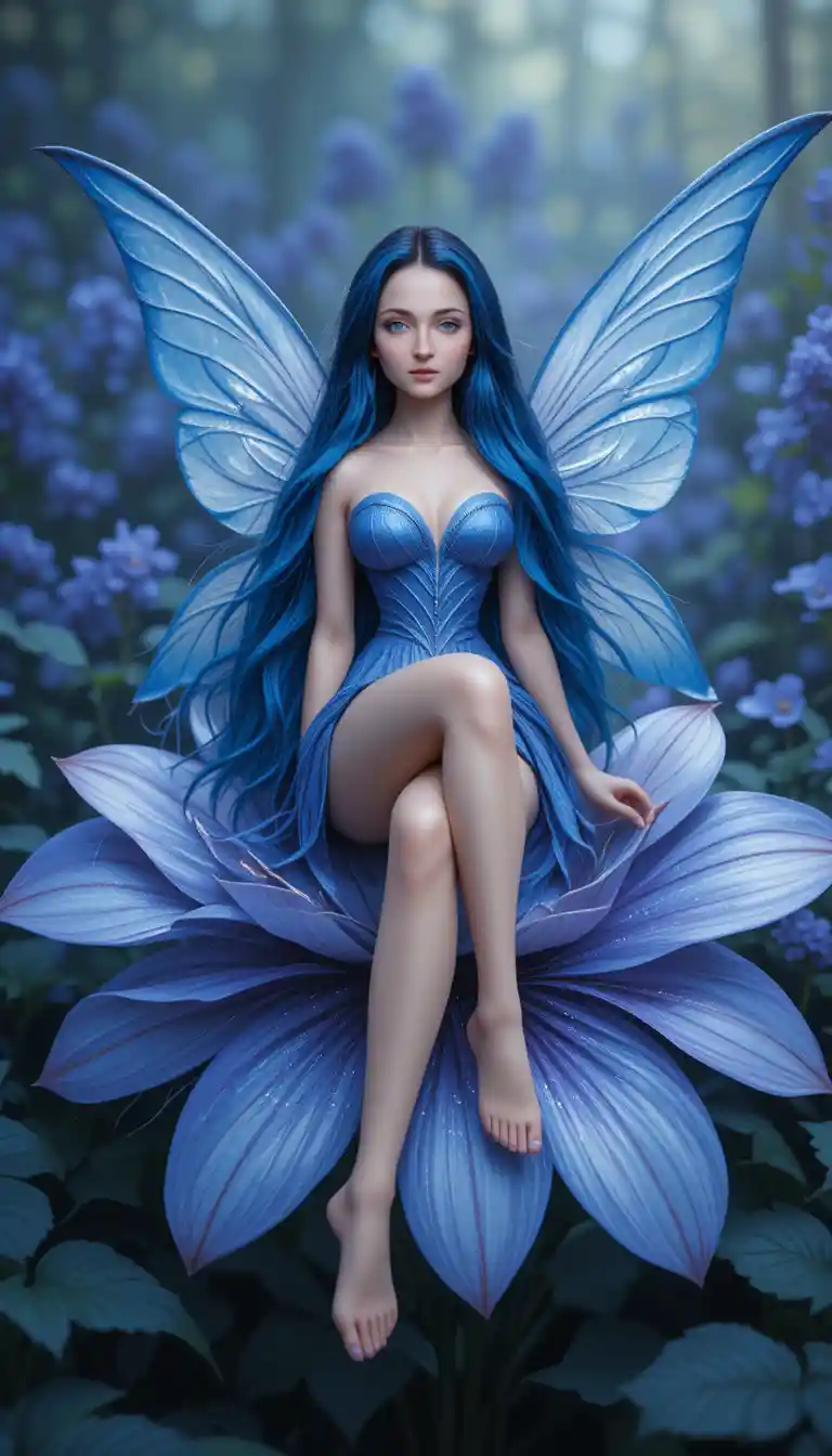 Tiny blue haired fairy woman on giant violet flower