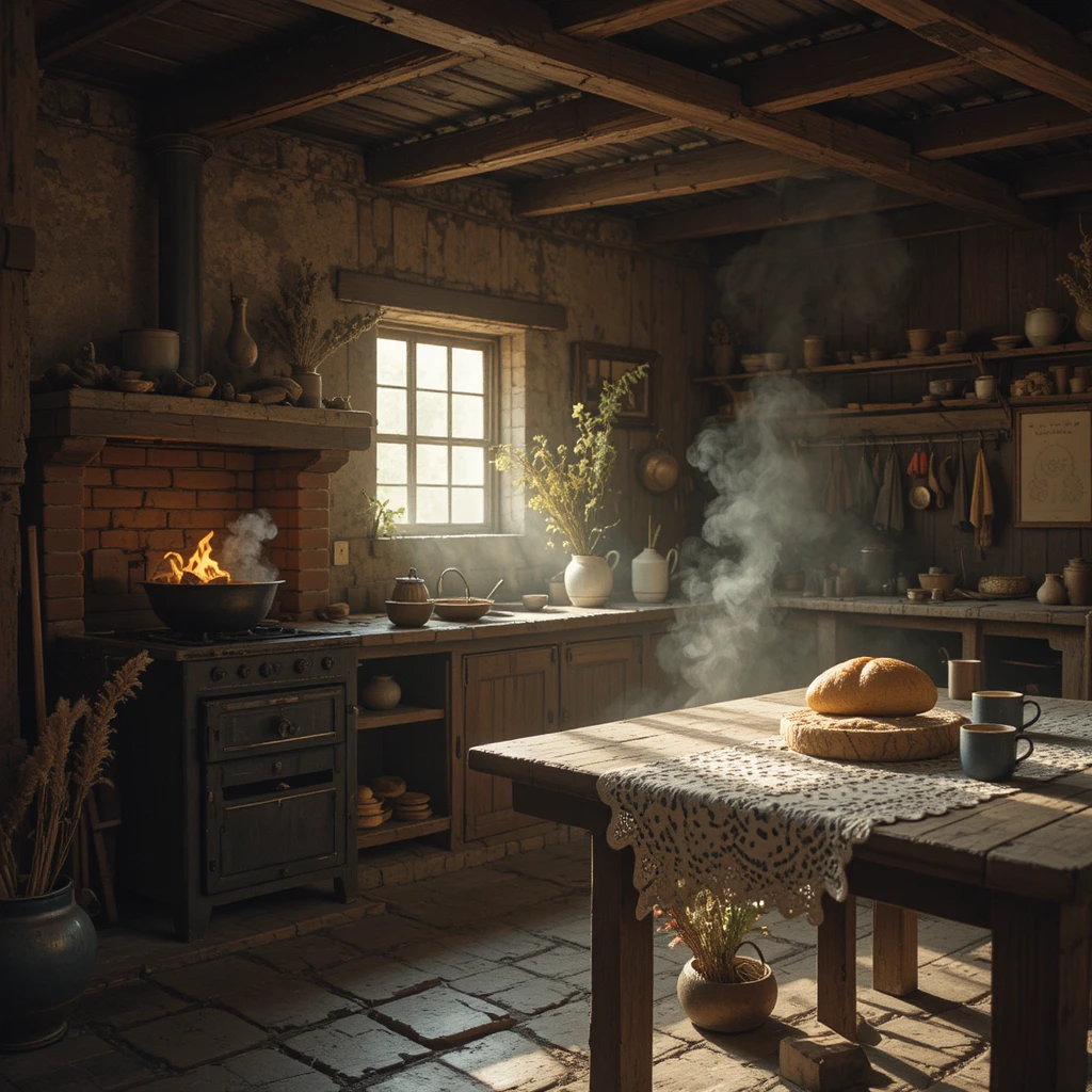 Rustic Brazilian farmhouse kitchen with wood stove and table