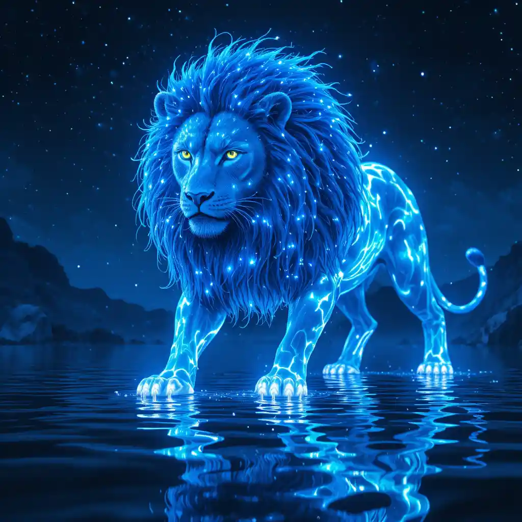 星空倒映水面上的藍色發光幻想獅子