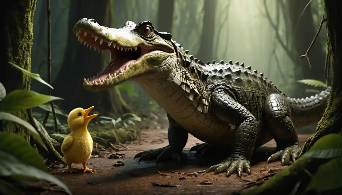 Lost baby facing crocodile threat in dark forest