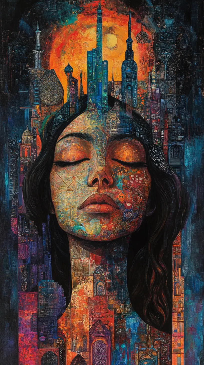 Mystical portrait in a surreal dreamlike city of Baku