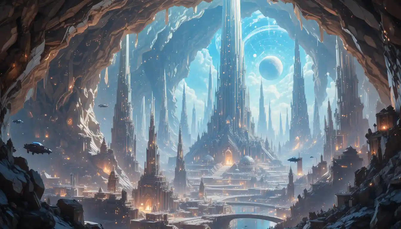 Futuristic city within a glowing crystal geode at night