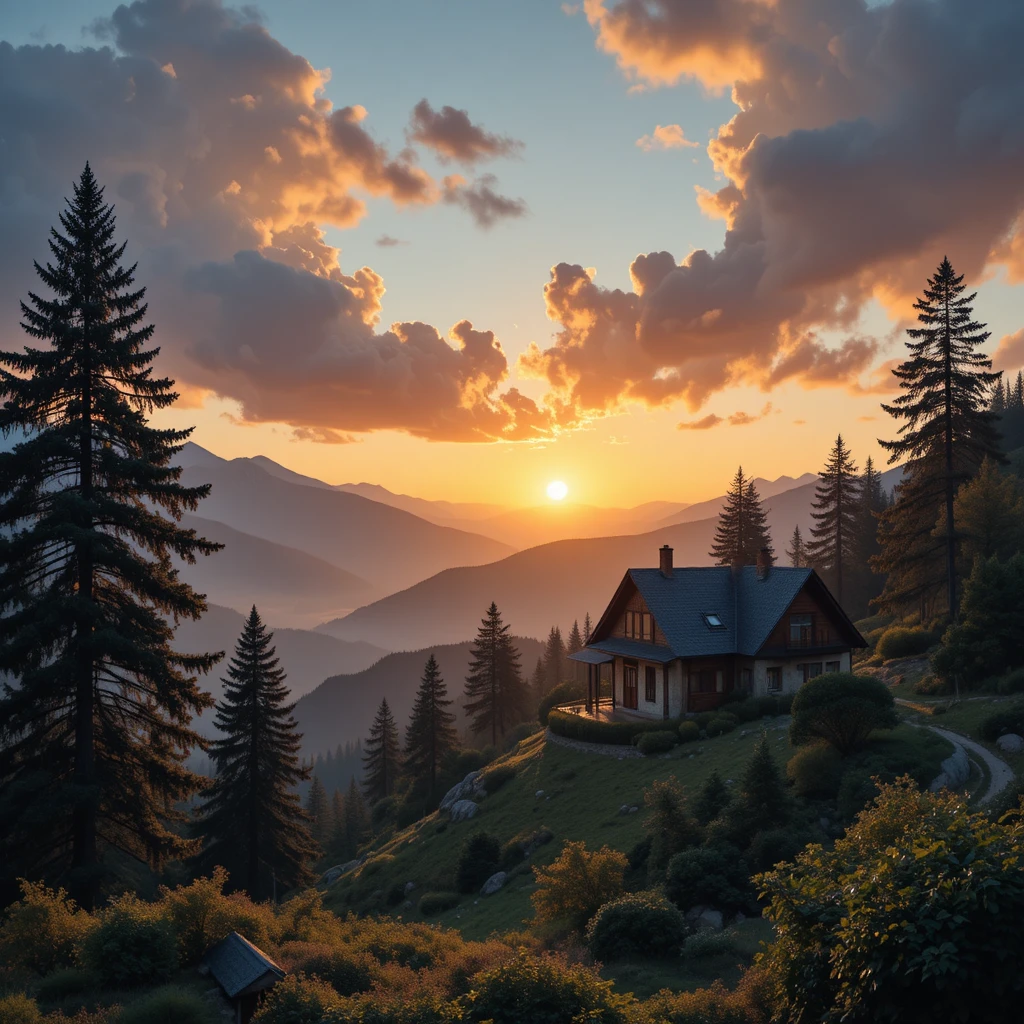 Realistic mountain house at peaceful orange sunrise