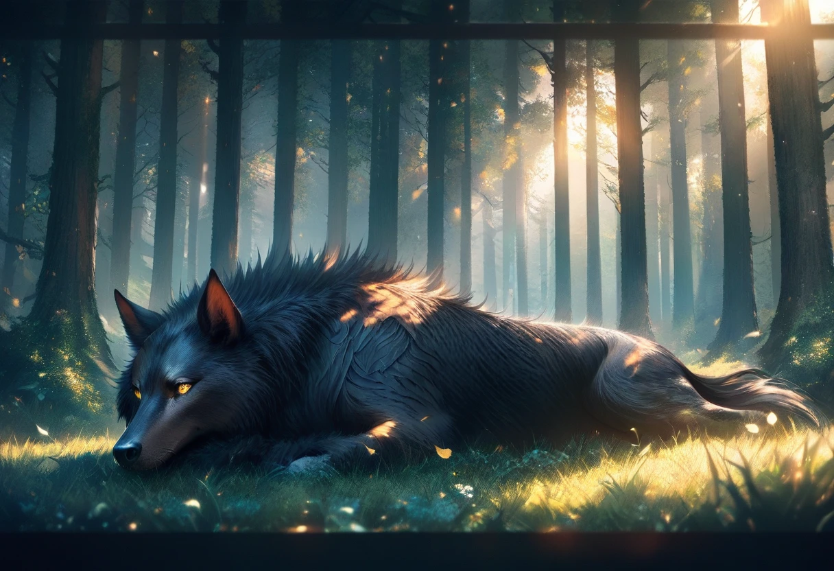 Cinematic view of a fallen black wolf in a giant forest