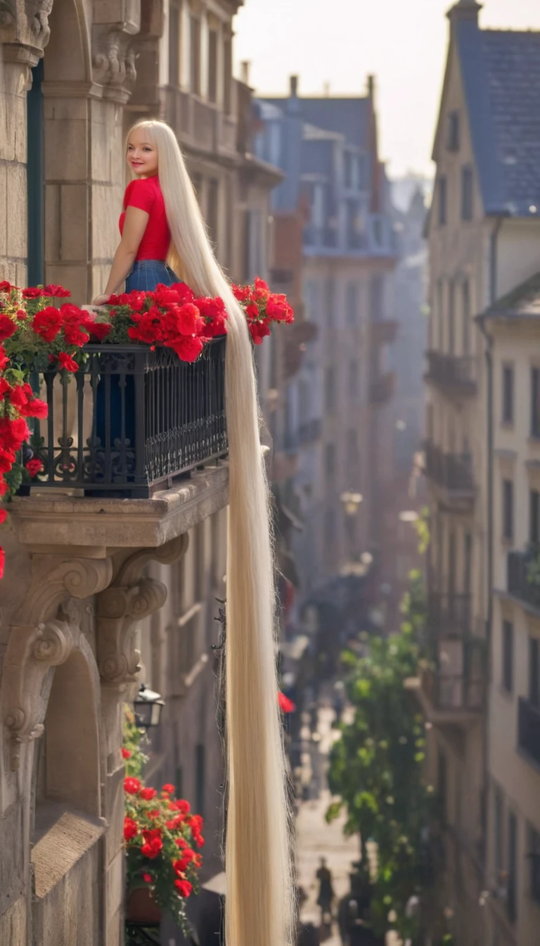 Woman with extremely long hair standing on a balcony