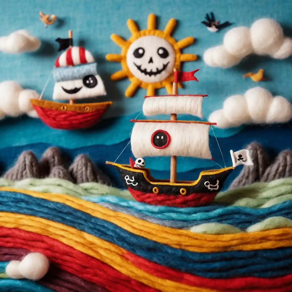 Handmade pirate ship sailing through a woolen fantasy sea
