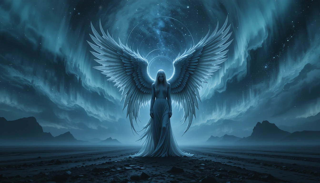 Solitary angel on obsidian plain beneath swirling auroras