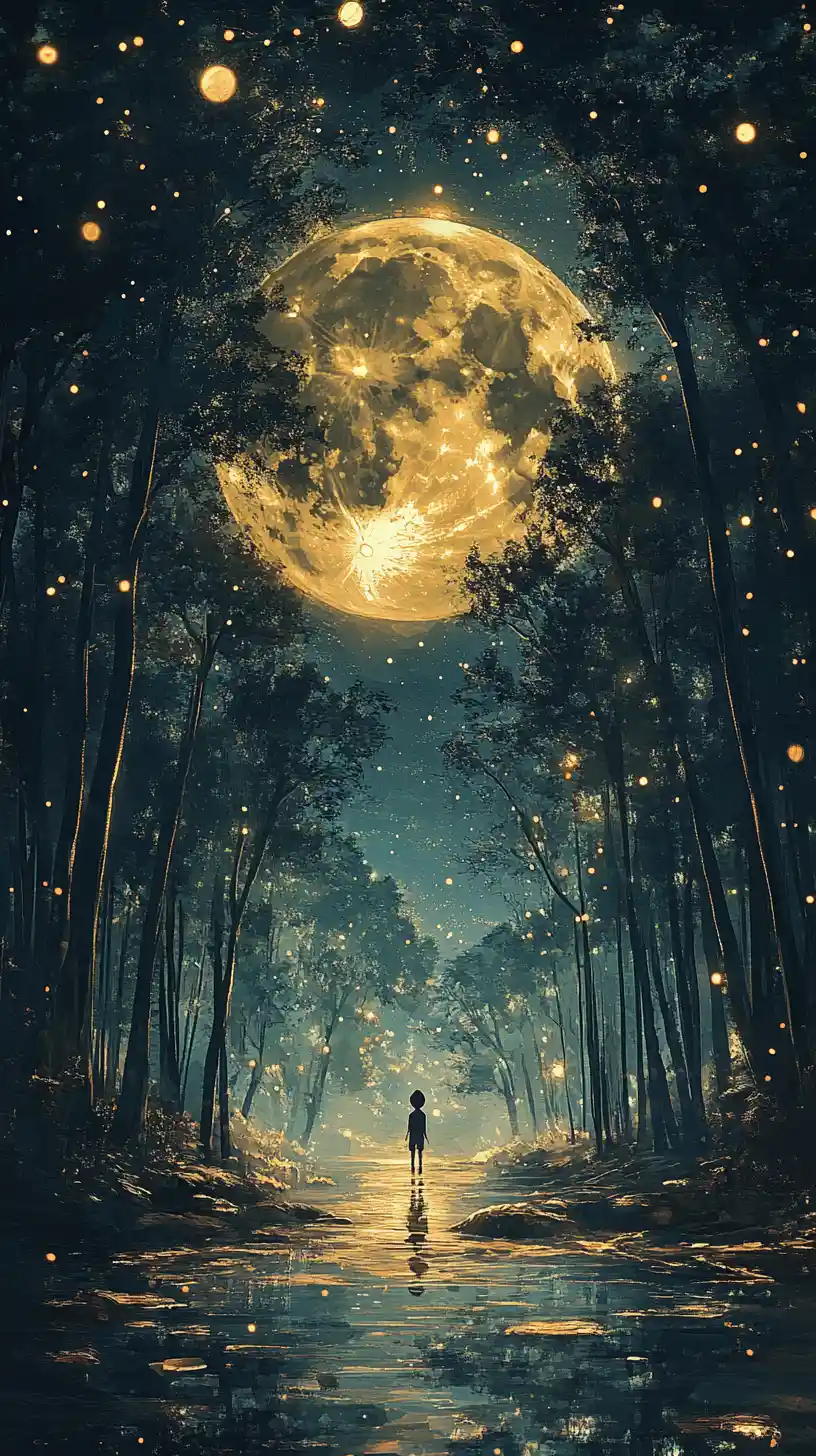 Einsame Gestalt im überfluteten Wald unter leuchtendem Mond