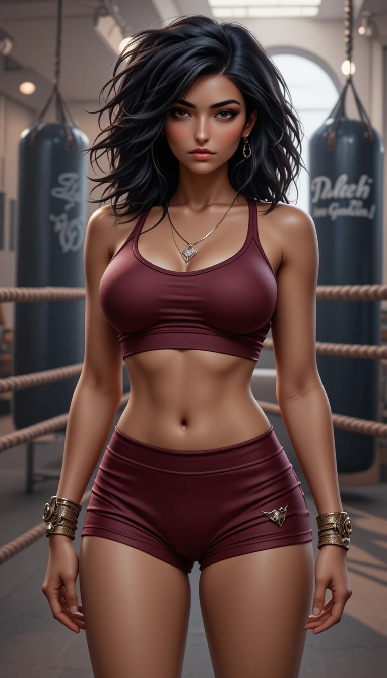 Fit Latina woman posing in burgundy sportswear boxing gym