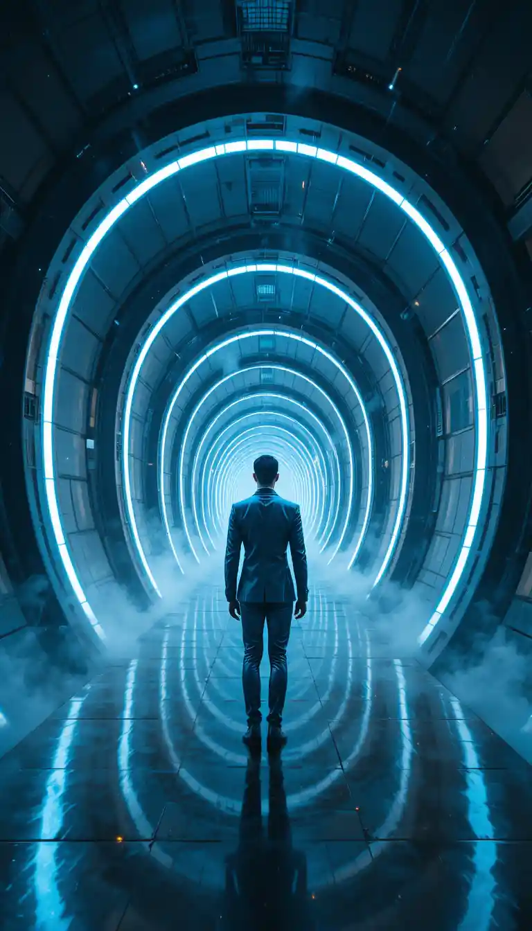 Figura solitaria en un corredor sci‑fi infinito con luz de neón