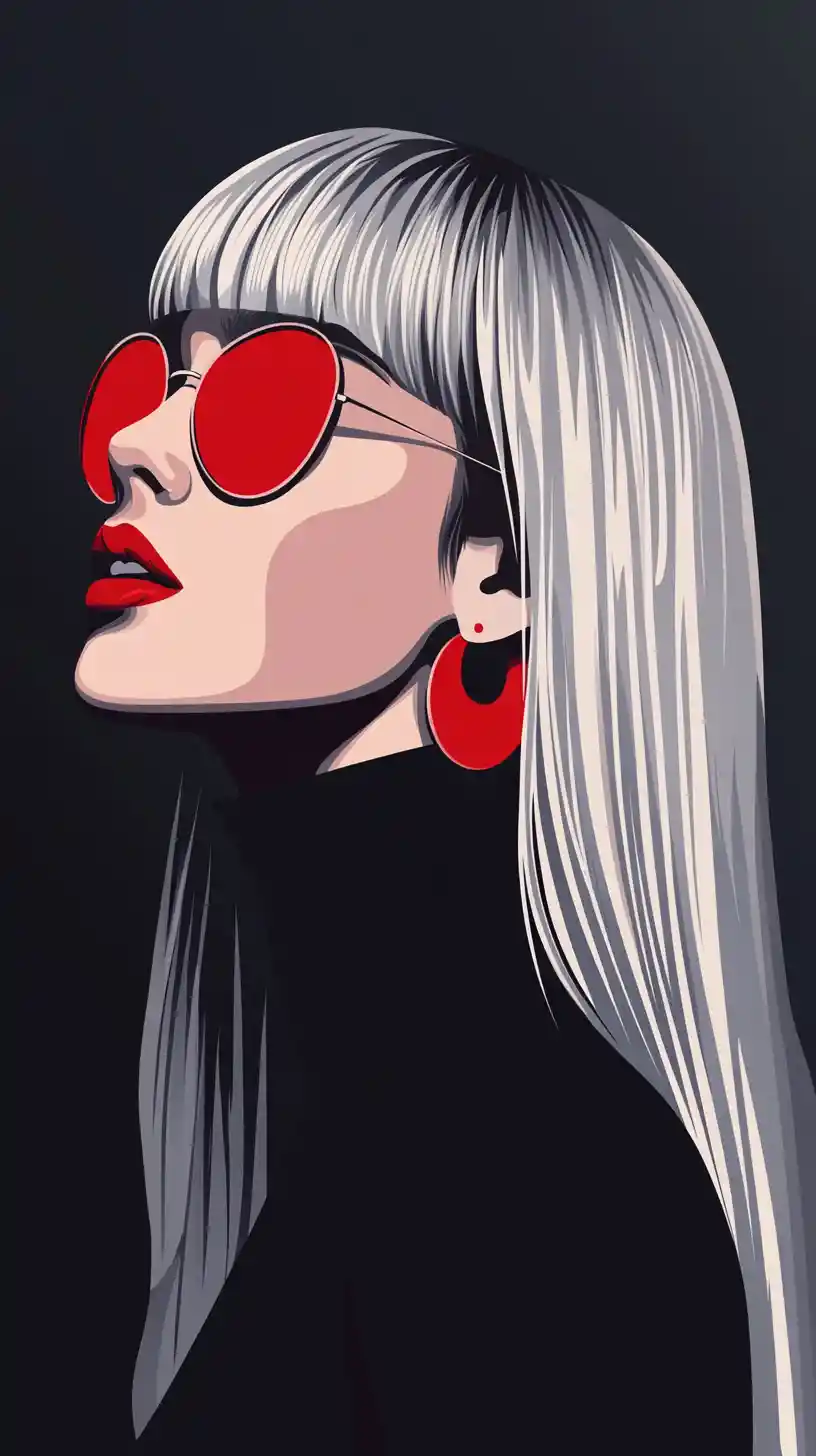 Silberhaarige Frau mit roter Sonnenbrille – minimalistisches Pop-Porträt
