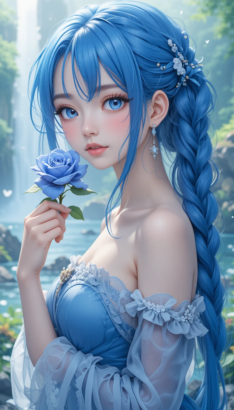 Garota de anime de vestido azul segurando uma rosa na cachoeira