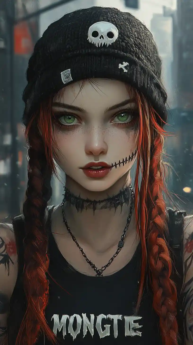 Gothic girl with braided hair in urban digital illustration