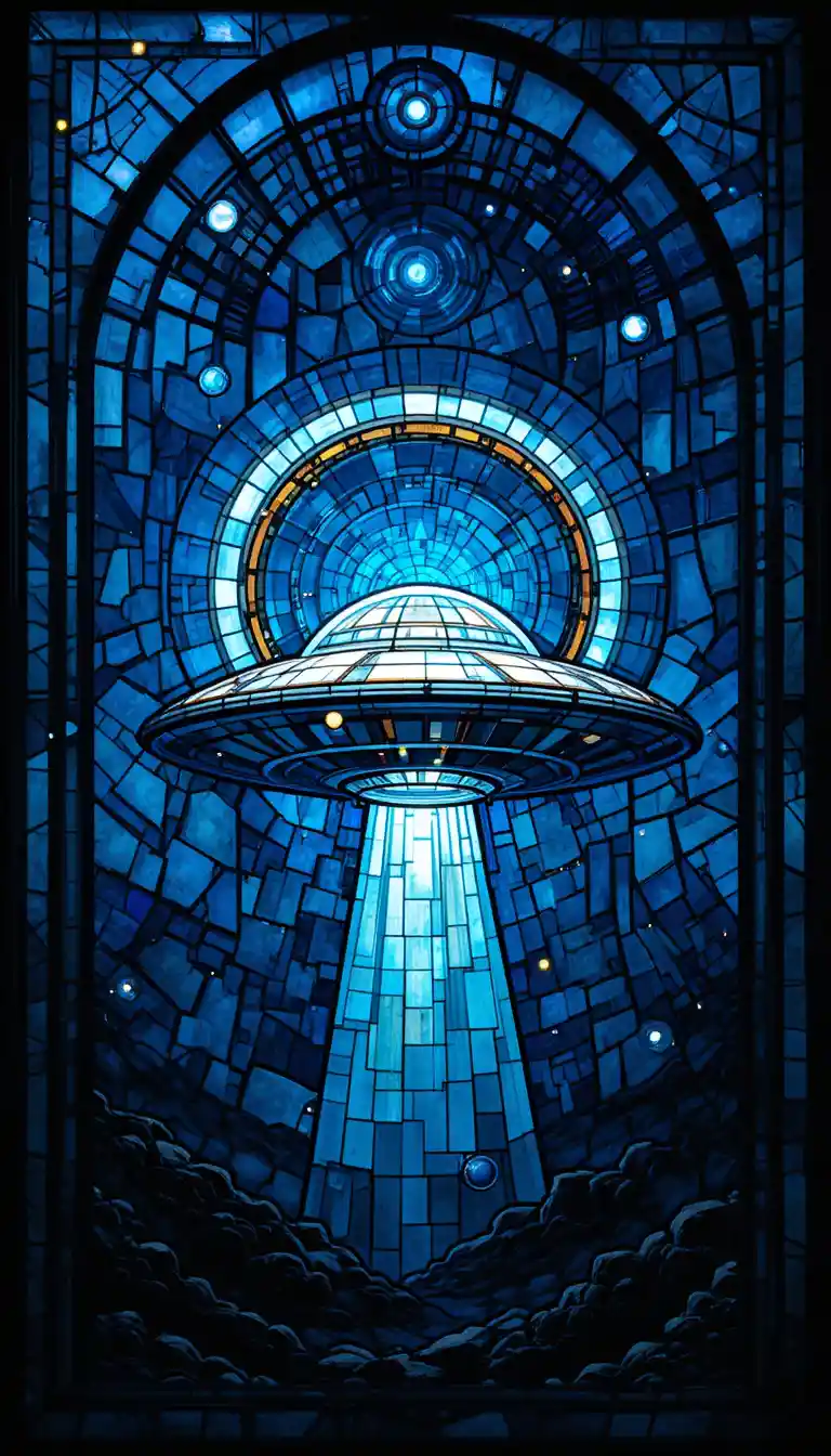OVNI futuriste en vitrail avec halo coloré dans la nuit
