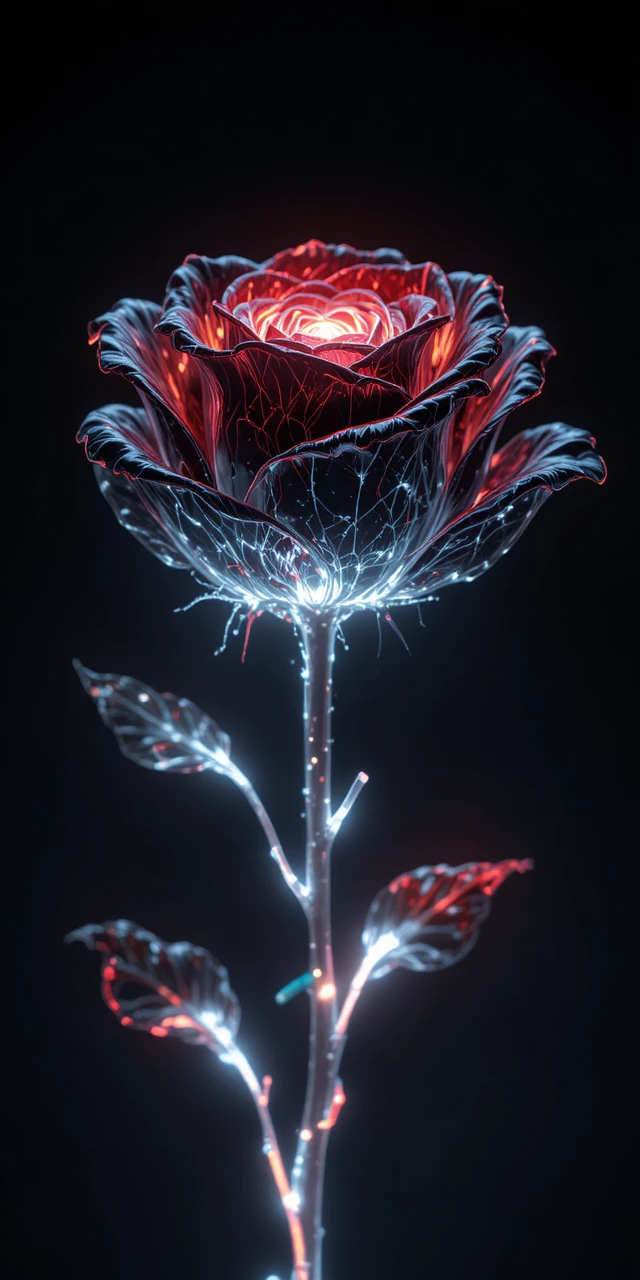Rosa nera luminosa con petali di vetro su sfondo scuro
