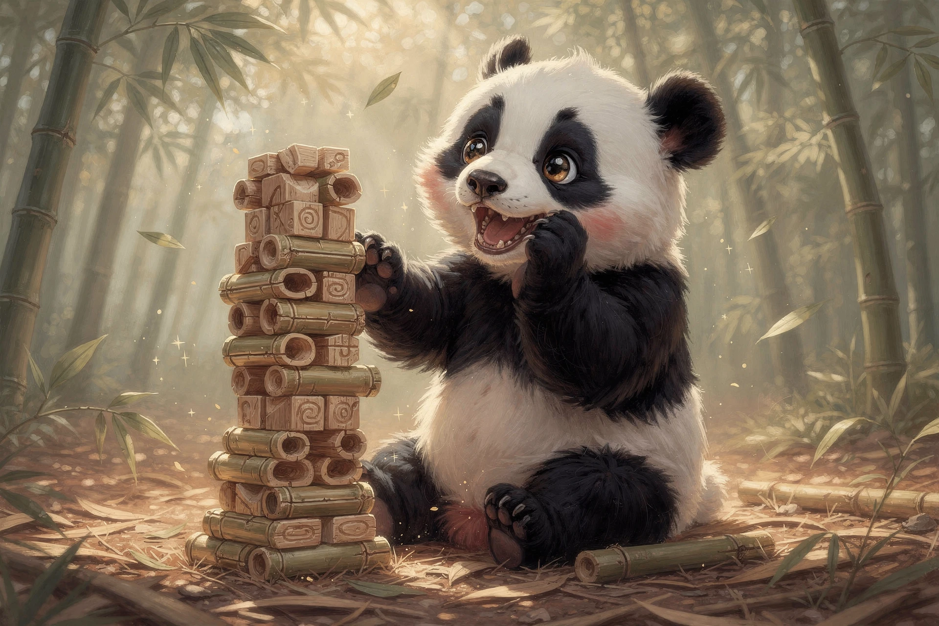 Bebé panda apilando bloques de bambú en un bosque de ensueño