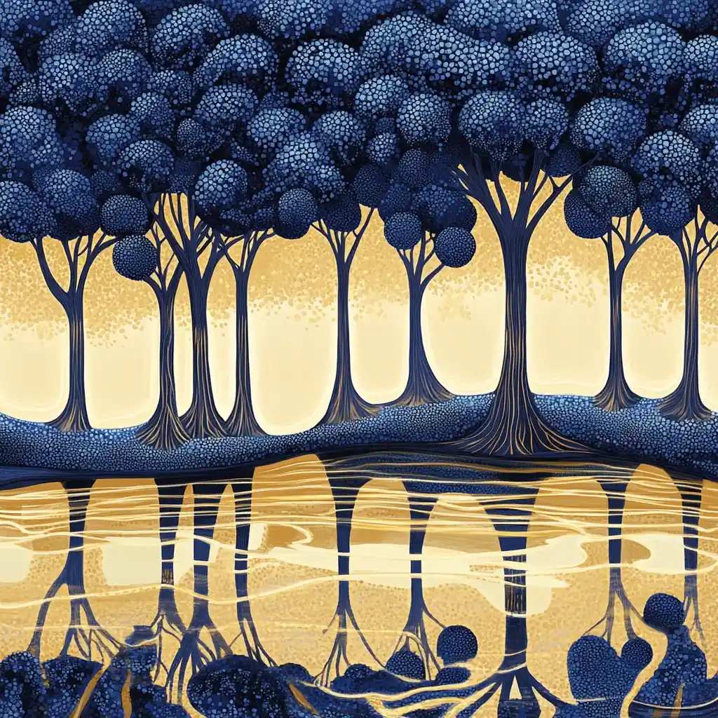 Minimalist digital painting of trees over golden lake