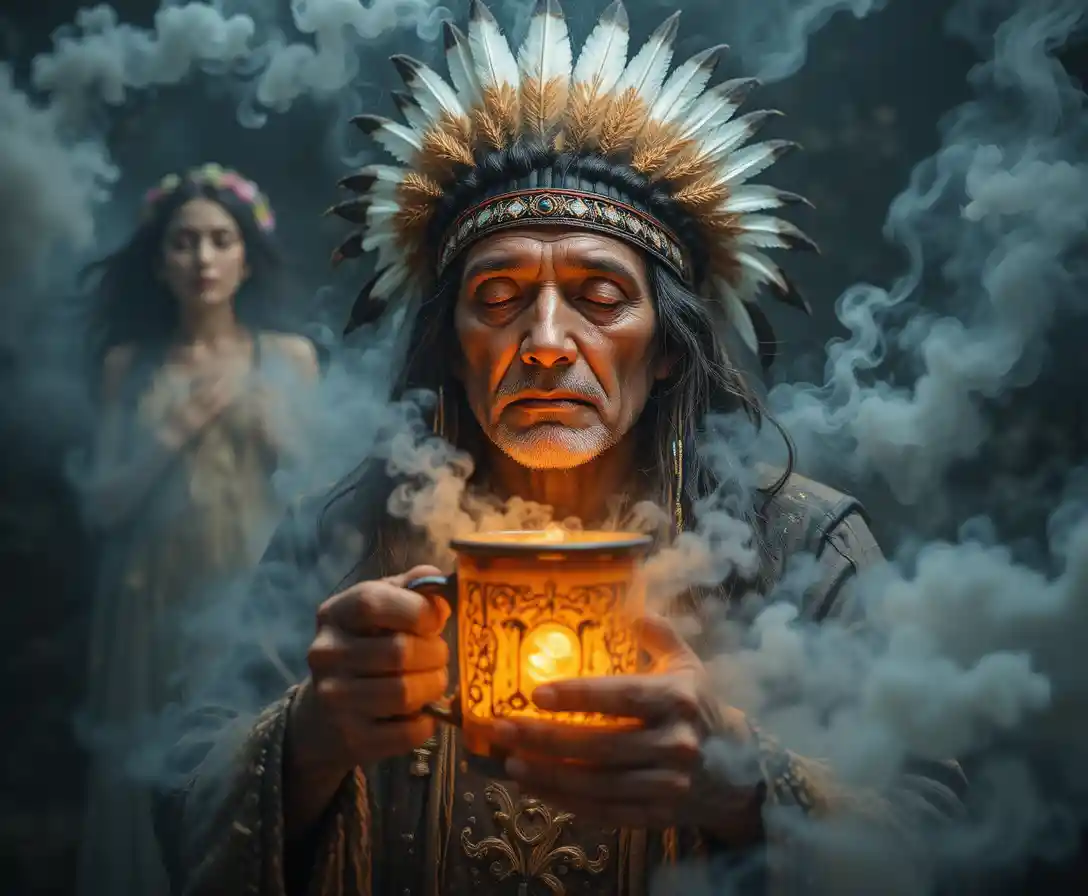 Elder with feathered headdress holding a glowing mug