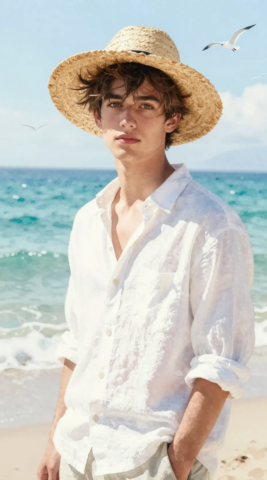 Watercolor portrait of a young man by the bright sea