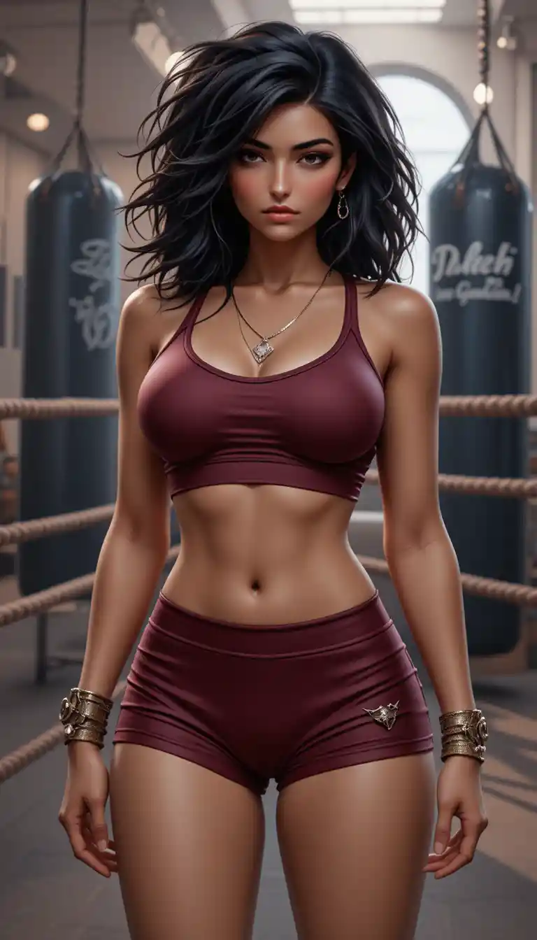 Fit Latina woman posing in burgundy sportswear boxing gym