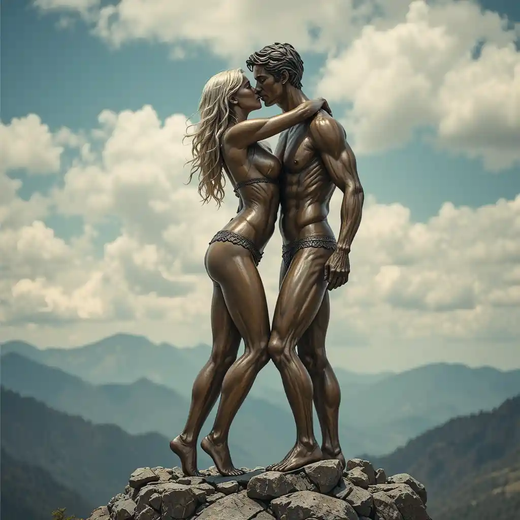 Bronze statue of a woman embracing a man on a mountain