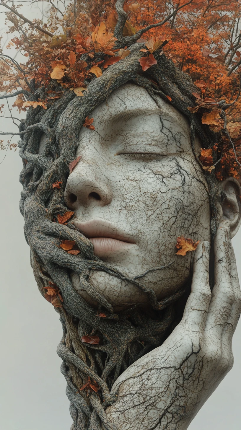 Surreal female face merging with autumn forest and clouds