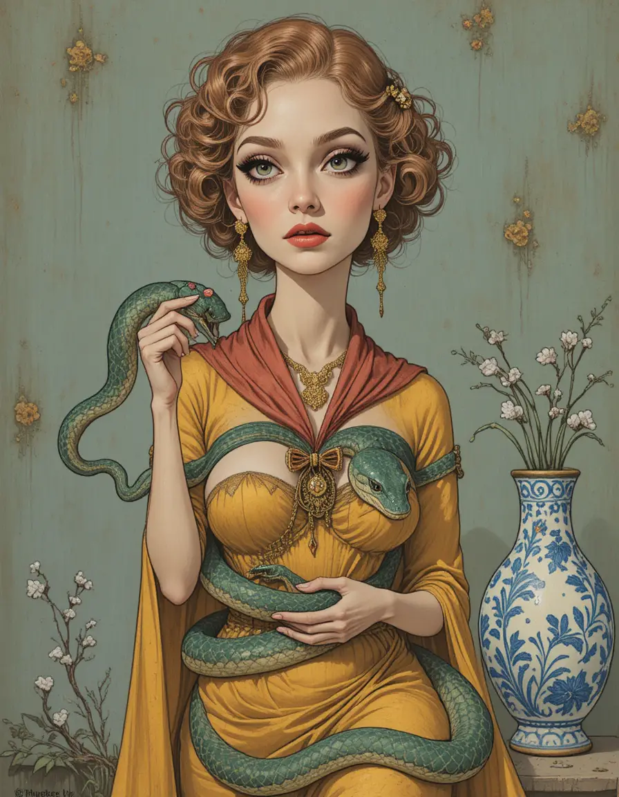 Vintage drawing of a woman with snakes and golden jewelry