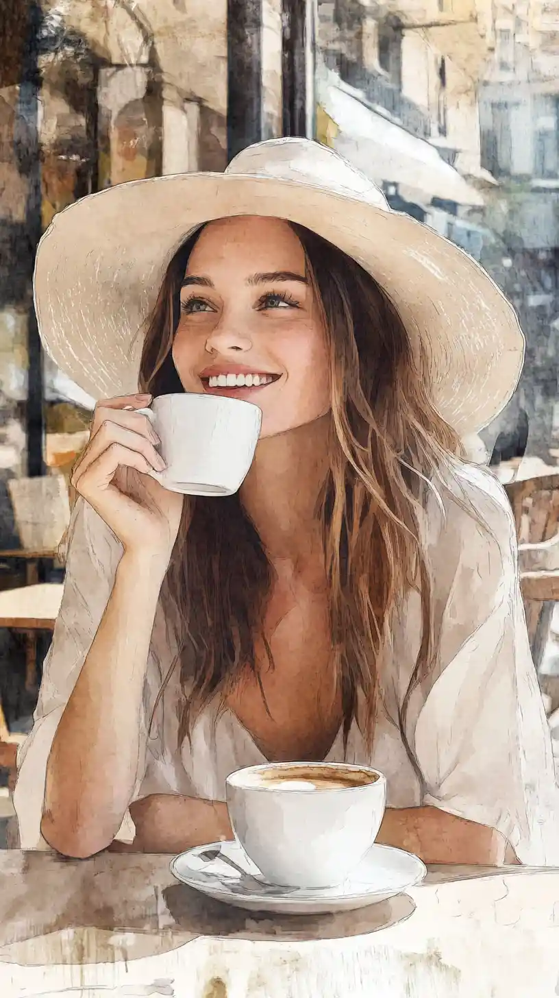 Donna sorridente in stile vintage che si gode un caffè in un accogliente bar di città
