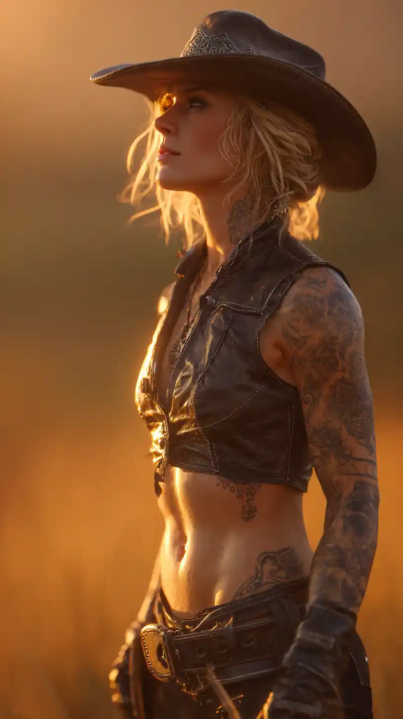 Starkes Cowgirl-Porträt im warmen Prärie-Sonnenuntergang
