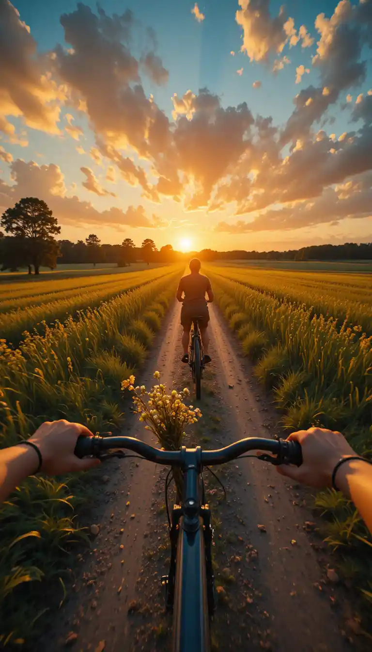 Paseo en bicicleta al sol por un tranquilo camino rural