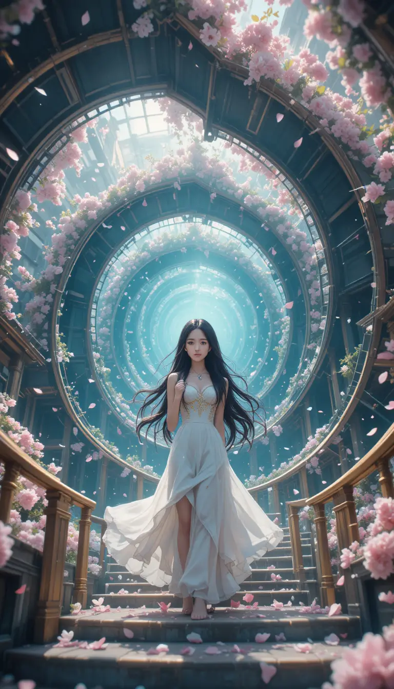 Anime girl on endless spiral staircase with floating petals