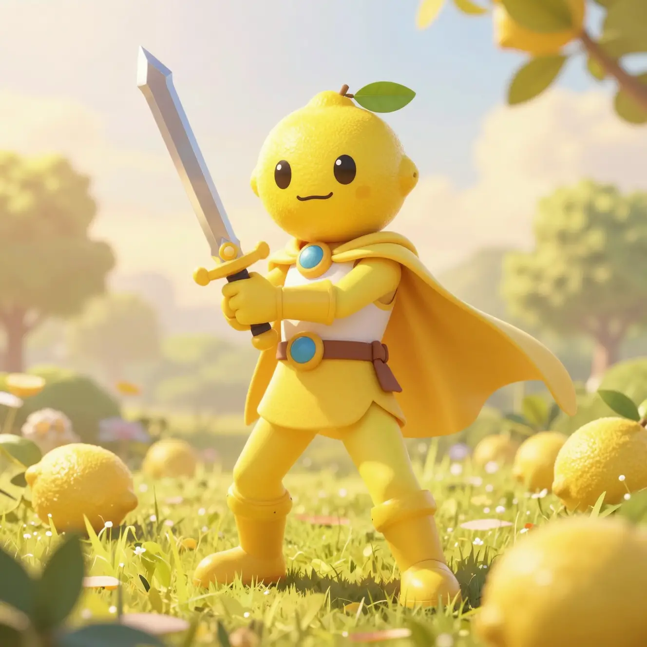 Heroic lemon knight standing in a glowing sunset clearing