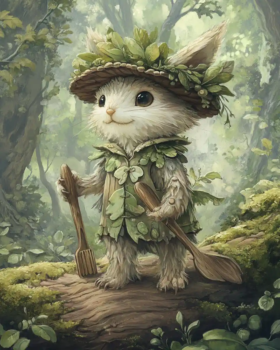 Tiny twigfolk tinkering in a lush fantasy forest