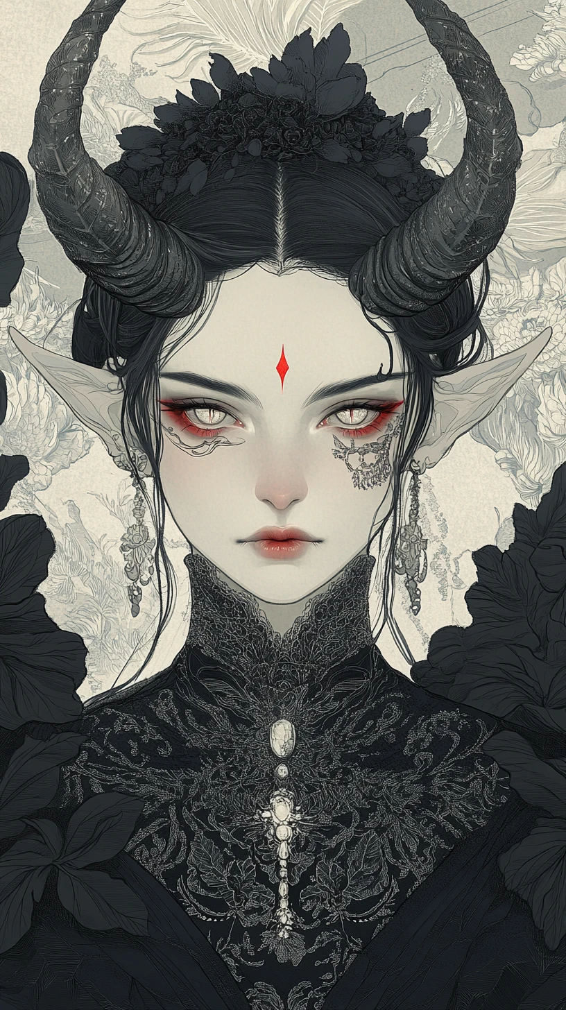 Horned tattooed woman in monochrome ink style portrait