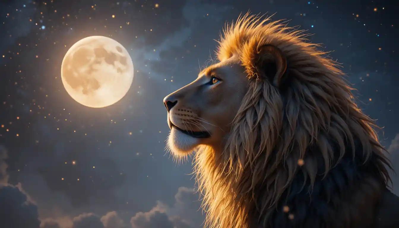 Majestic lion gazing upward beneath a vast starry moonlit sky