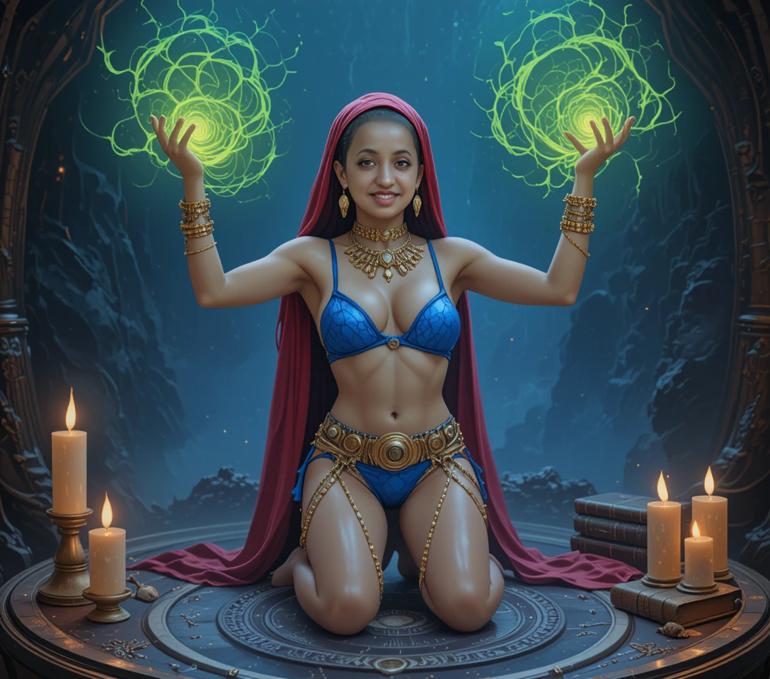 Blonde witch conjuring green magic before glowing circle