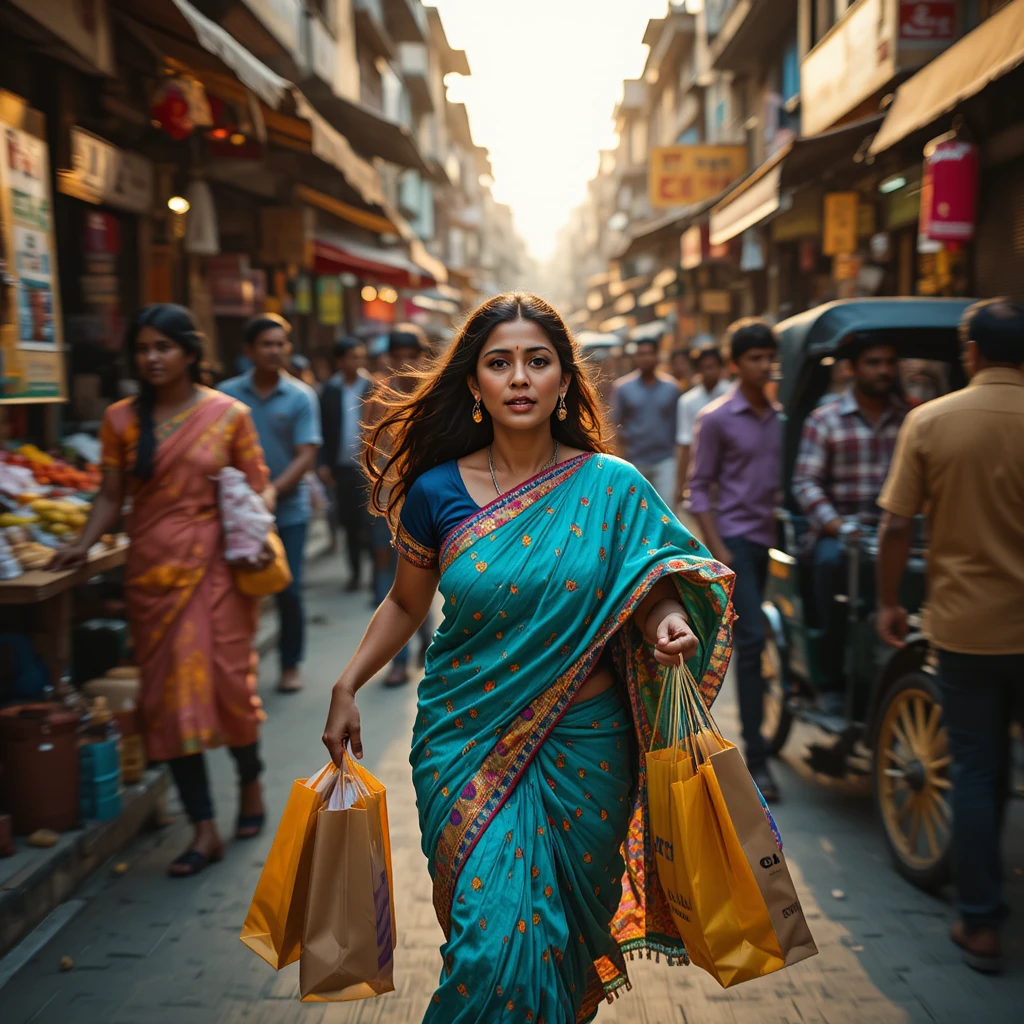 Indian woman rushing through crowded Howrah Bazaar market