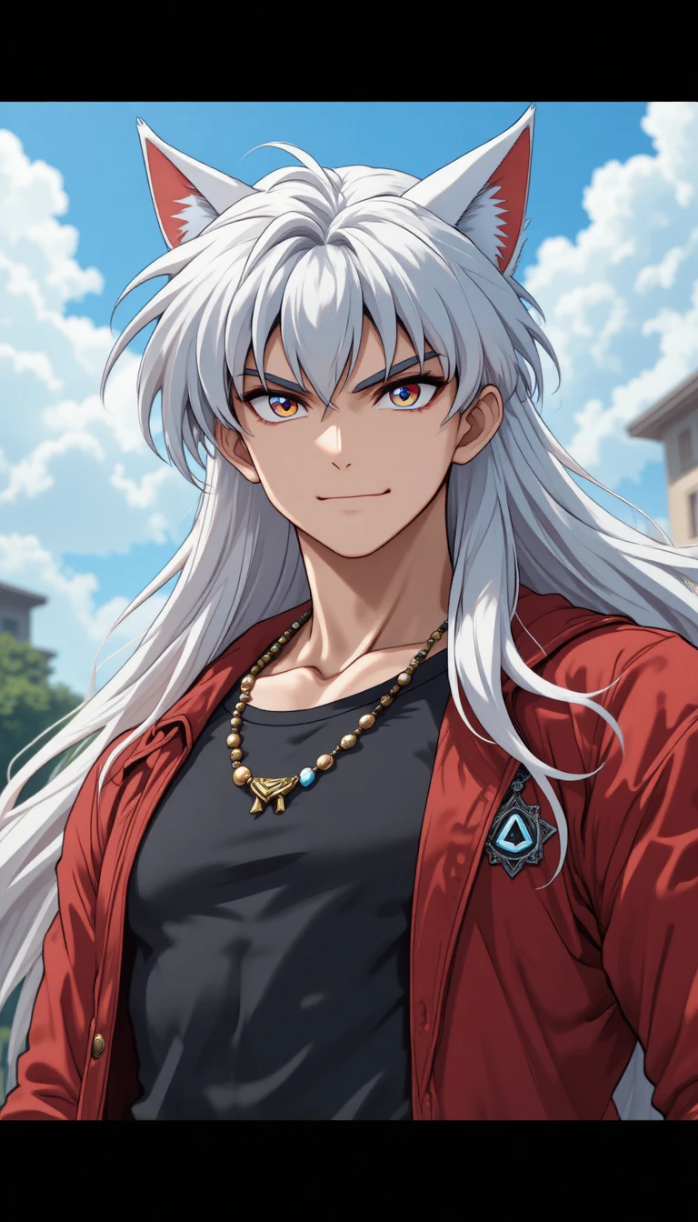 Hombre de anime seguro de sí mismo con cabello bicolor y orejas de gato