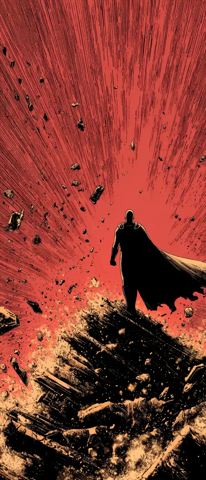 Colossal caped hero shattering a mountain peak