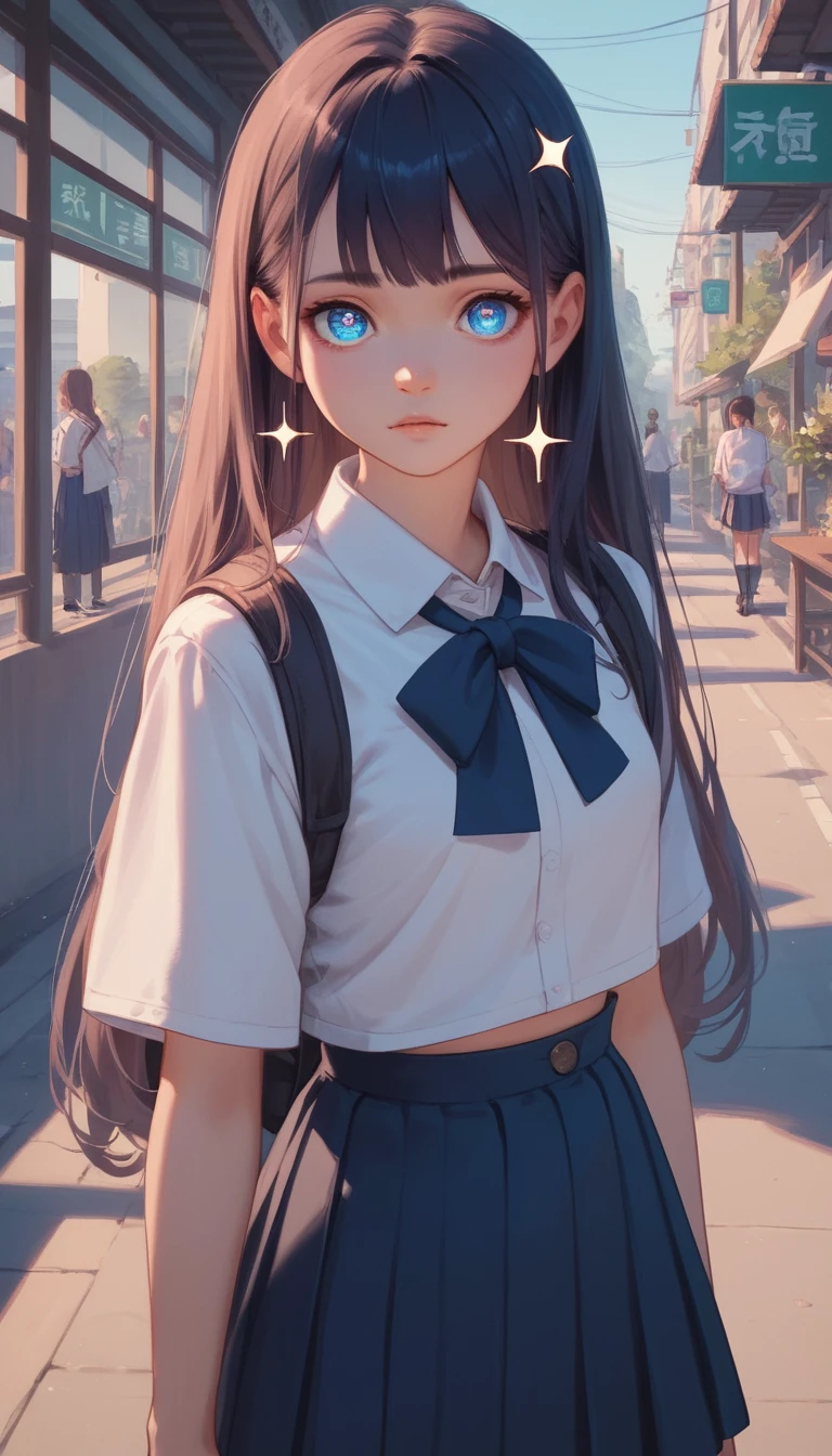Anime schoolgirl with colorful long hair in public space