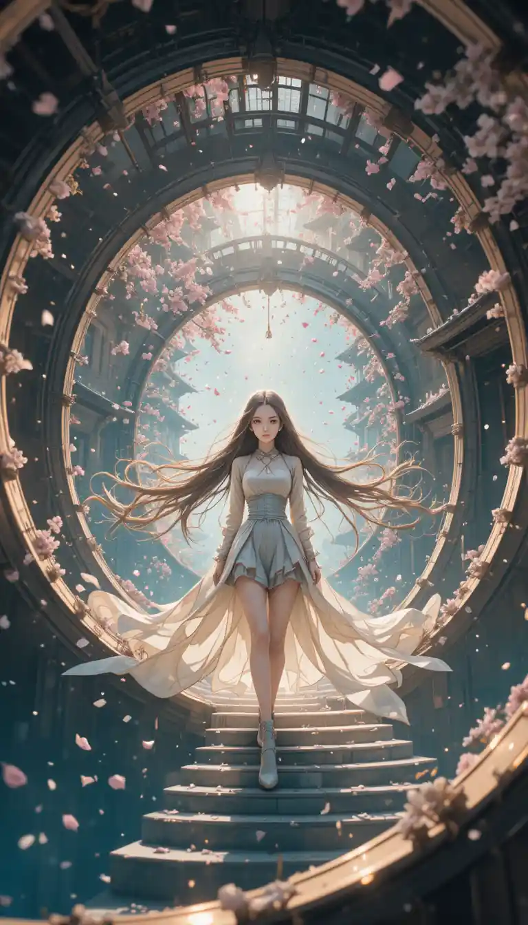 Anime girl on an infinite spiral staircase with sakura petals