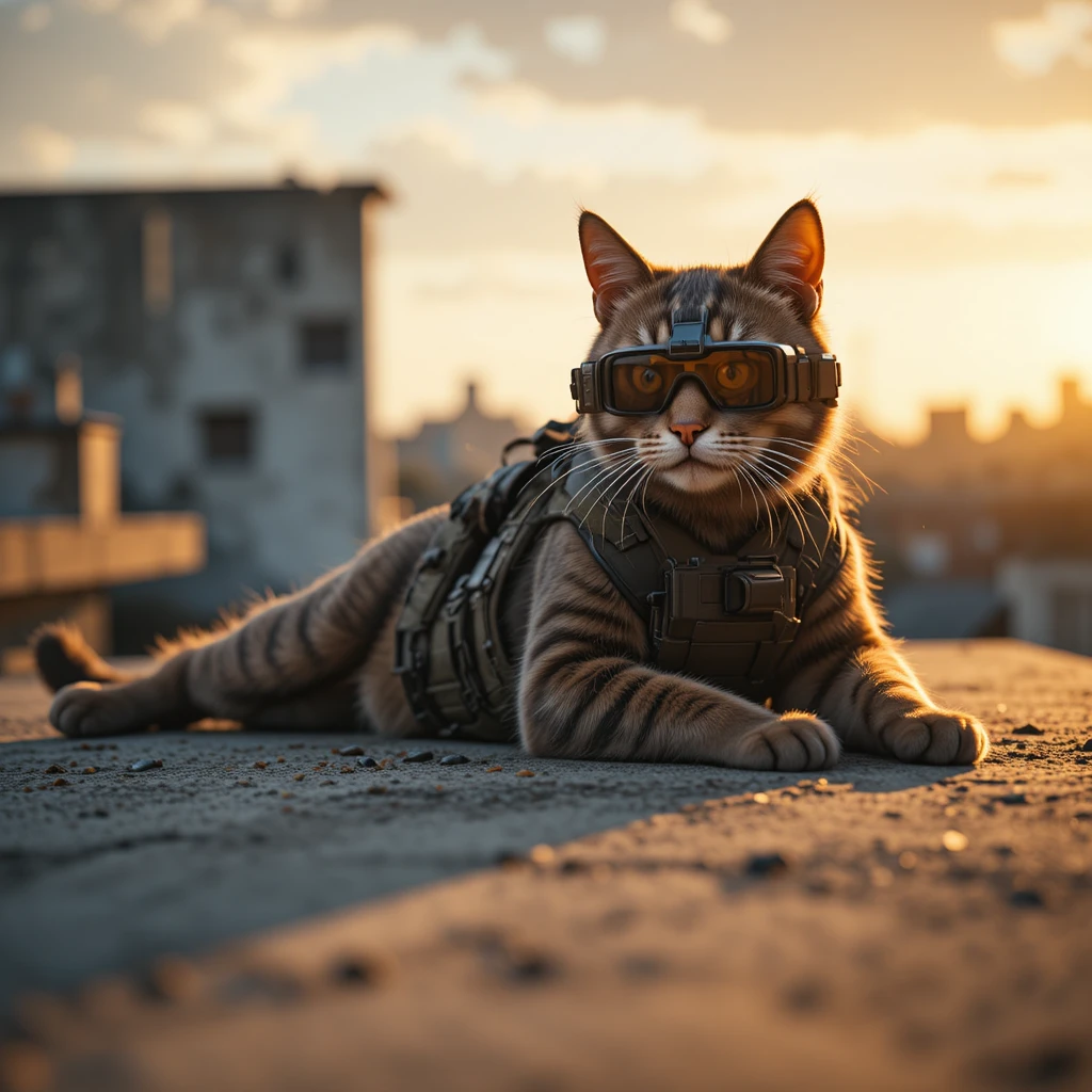 Gato francotirador militar cinematográfico en una azotea a la hora dorada
