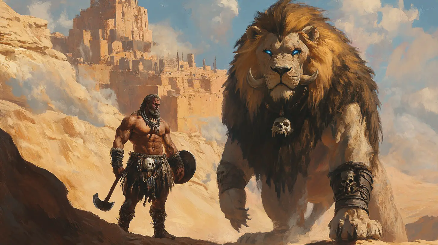Barbarian warrior and armored lion above the desert