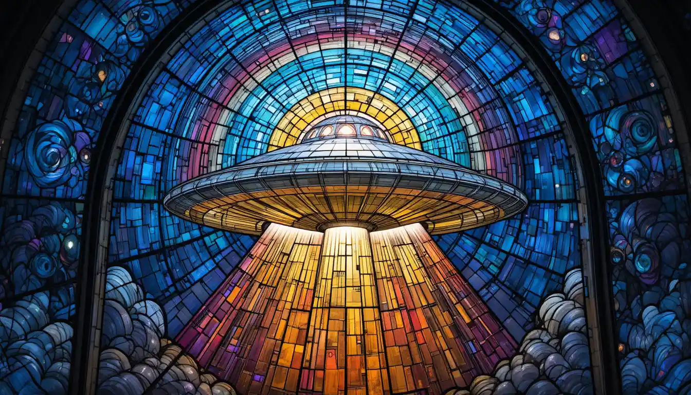 Vitral Surreal de Ovni sobre un Cielo Nocturno Cósmico