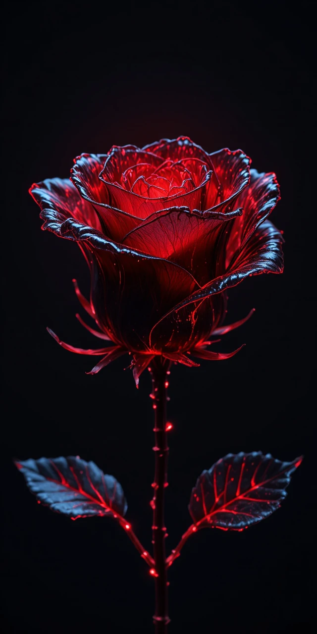 Rosa nera simile al vetro che brilla di una vivida luce rossa