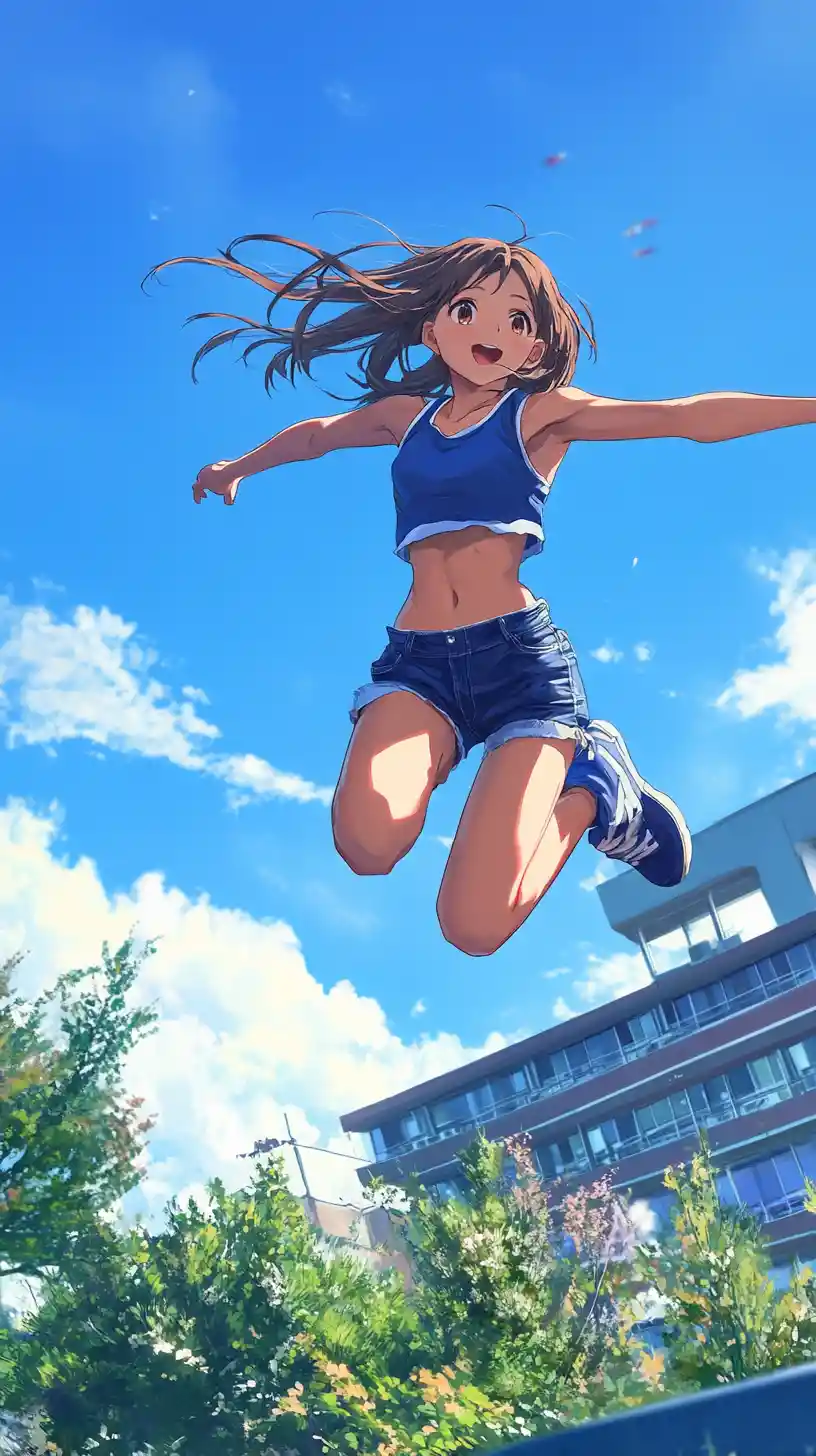 Athletic anime girl leaping high in a sunny schoolyard