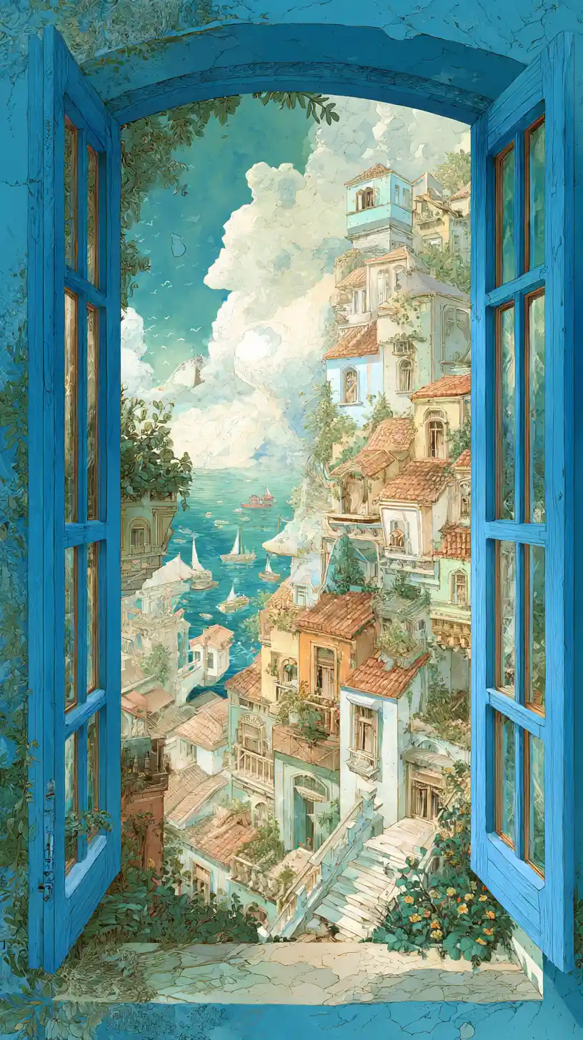 Vista fantasiosa desde la ventana de un luminoso pueblo costero