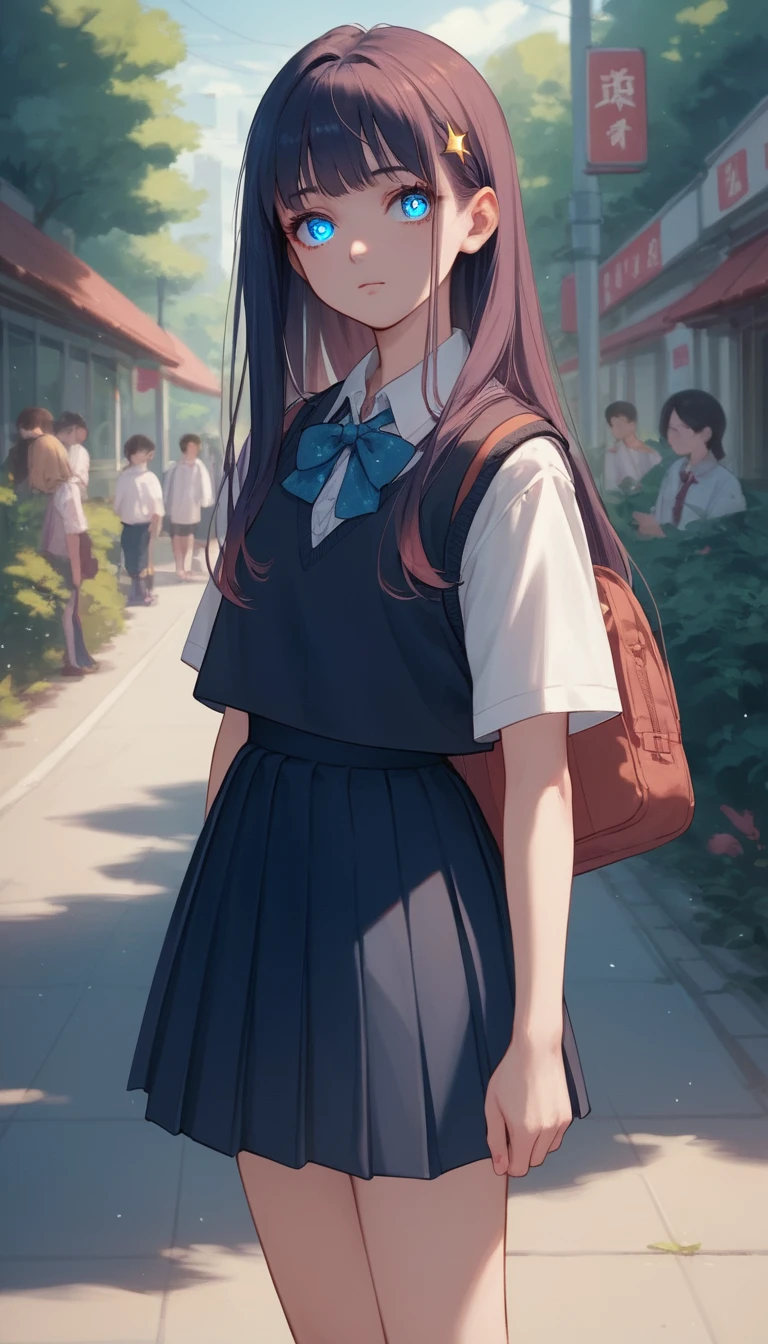 Anime schoolgirl with colorful long hair in public space