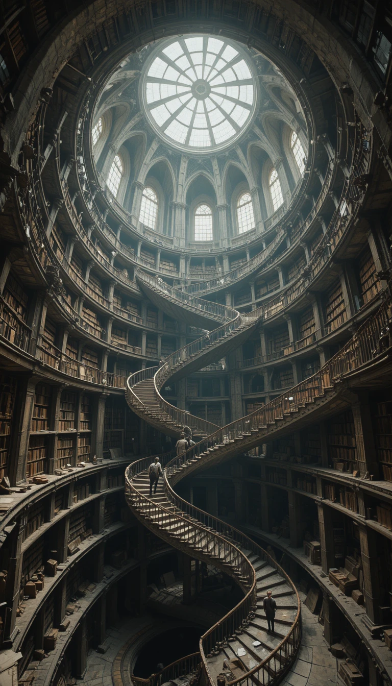 Gran biblioteca surreal con escaleras de caracol infinitas